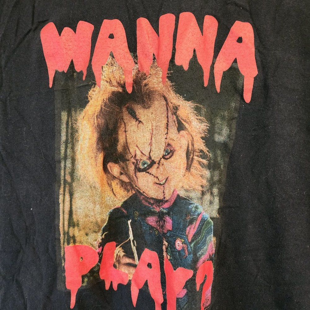 ipple Junction, T-Shirt Tee, Chucky Wanna Play, Size M, Horror, Halloween, Scary